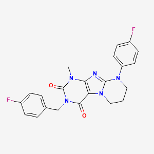 molecular formula C22H19F2N5O2 B2807200 3-(4-fluorobenzyl)-9-(4-fluorophenyl)-1-methyl-6,7,8,9-tetrahydropyrimido[2,1-f]purine-2,4(1H,3H)-dione CAS No. 872628-29-0