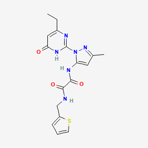molecular formula C17H18N6O3S B2807228 N1-(1-(4-ethyl-6-oxo-1,6-dihydropyrimidin-2-yl)-3-methyl-1H-pyrazol-5-yl)-N2-(thiophen-2-ylmethyl)oxalamide CAS No. 1013889-75-2