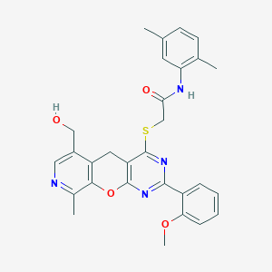molecular formula C29H28N4O4S B2807231 N-(2,5-dimethylphenyl)-2-[[11-(hydroxymethyl)-5-(2-methoxyphenyl)-14-methyl-2-oxa-4,6,13-triazatricyclo[8.4.0.03,8]tetradeca-1(10),3(8),4,6,11,13-hexaen-7-yl]sulfanyl]acetamide CAS No. 892379-88-3