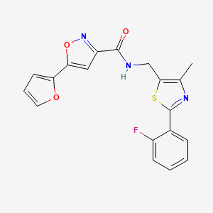 molecular formula C19H14FN3O3S B2807454 N-((2-(2-fluorophenyl)-4-methylthiazol-5-yl)methyl)-5-(furan-2-yl)isoxazole-3-carboxamide CAS No. 1448136-43-3