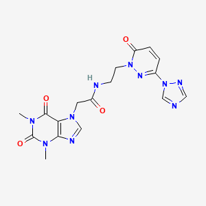 molecular formula C17H18N10O4 B2807523 2-(1,3-dimethyl-2,6-dioxo-2,3-dihydro-1H-purin-7(6H)-yl)-N-(2-(6-oxo-3-(1H-1,2,4-triazol-1-yl)pyridazin-1(6H)-yl)ethyl)acetamide CAS No. 1448131-33-6