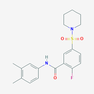molecular formula C20H23FN2O3S B2807538 N-(3,4-dimethylphenyl)-2-fluoro-5-(piperidine-1-sulfonyl)benzamide CAS No. 451515-27-8