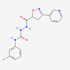molecular formula C16H14FN5O3 B2807542 N-(3-fluorophenyl)-2-{[3-(3-pyridinyl)-4,5-dihydro-5-isoxazolyl]carbonyl}-1-hydrazinecarboxamide CAS No. 478078-21-6