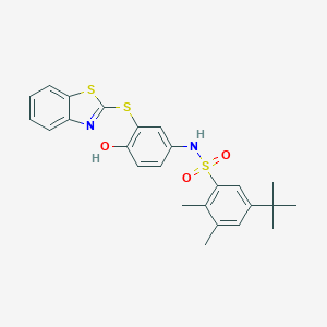 molecular formula C25H26N2O3S3 B280759 N-[3-(1,3-BENZOTHIAZOL-2-YLSULFANYL)-4-HYDROXYPHENYL]-5-TERT-BUTYL-2,3-DIMETHYLBENZENE-1-SULFONAMIDE 