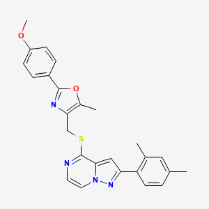 molecular formula C26H24N4O2S B2807656 2-(2,4-Dimethylphenyl)-4-({[2-(4-methoxyphenyl)-5-methyl-1,3-oxazol-4-yl]methyl}thio)pyrazolo[1,5-a]pyrazine CAS No. 1207045-35-9