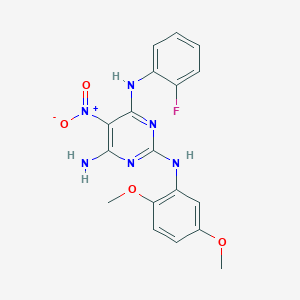 molecular formula C18H17FN6O4 B2807775 N2-(2,5-dimethoxyphenyl)-N4-(2-fluorophenyl)-5-nitropyrimidine-2,4,6-triamine CAS No. 799832-74-9