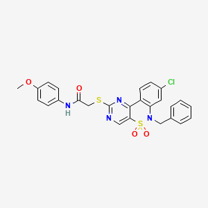 molecular formula C26H21ClN4O4S2 B2807785 2-({9-benzyl-12-chloro-8,8-dioxo-8lambda6-thia-3,5,9-triazatricyclo[8.4.0.0^{2,7}]tetradeca-1(14),2(7),3,5,10,12-hexaen-4-yl}sulfanyl)-N-(4-methoxyphenyl)acetamide CAS No. 1115570-58-5
