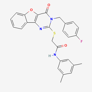 molecular formula C27H22FN3O3S B2808130 N-(3,5-dimethylphenyl)-2-({5-[(4-fluorophenyl)methyl]-6-oxo-8-oxa-3,5-diazatricyclo[7.4.0.0^{2,7}]trideca-1(9),2(7),3,10,12-pentaen-4-yl}sulfanyl)acetamide CAS No. 866873-67-8