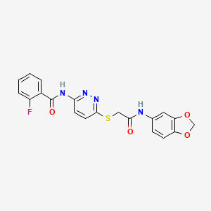 molecular formula C20H15FN4O4S B2808189 N-(6-((2-(benzo[d][1,3]dioxol-5-ylamino)-2-oxoethyl)thio)pyridazin-3-yl)-2-fluorobenzamide CAS No. 1021057-09-9
