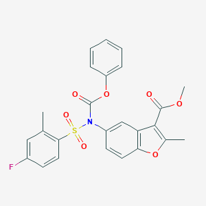 molecular formula C25H20FNO7S B280823 METHYL 2-METHYL-5-[N-(PHENOXYCARBONYL)4-FLUORO-2-METHYLBENZENESULFONAMIDO]-1-BENZOFURAN-3-CARBOXYLATE 