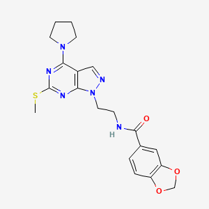 molecular formula C20H22N6O3S B2808237 N-(2-(6-(methylthio)-4-(pyrrolidin-1-yl)-1H-pyrazolo[3,4-d]pyrimidin-1-yl)ethyl)benzo[d][1,3]dioxole-5-carboxamide CAS No. 941985-83-7
