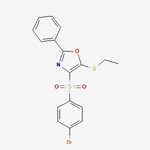 molecular formula C17H14BrNO3S2 B2808317 4-((4-Bromophenyl)sulfonyl)-5-(ethylthio)-2-phenyloxazole CAS No. 850926-30-6