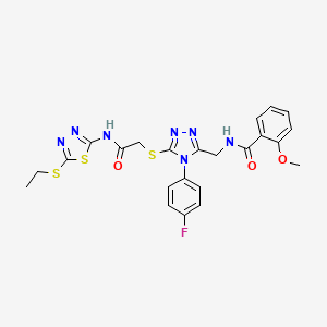 molecular formula C23H22FN7O3S3 B2808460 N-({5-[({[5-(ethylsulfanyl)-1,3,4-thiadiazol-2-yl]carbamoyl}methyl)sulfanyl]-4-(4-fluorophenyl)-4H-1,2,4-triazol-3-yl}methyl)-2-methoxybenzamide CAS No. 393841-05-9
