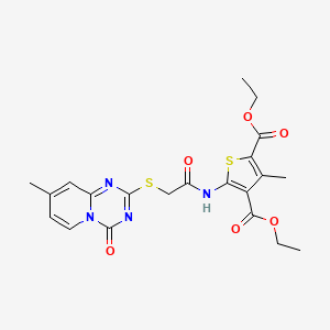 molecular formula C21H22N4O6S2 B2808489 diethyl 3-methyl-5-(2-((8-methyl-4-oxo-4H-pyrido[1,2-a][1,3,5]triazin-2-yl)thio)acetamido)thiophene-2,4-dicarboxylate CAS No. 896332-52-8