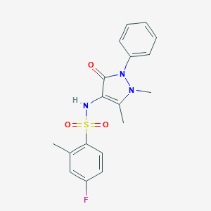 molecular formula C18H18FN3O3S B280855 N-(1,5-DIMETHYL-3-OXO-2-PHENYL-2,3-DIHYDRO-1H-PYRAZOL-4-YL)-4-FLUORO-2-METHYLBENZENE-1-SULFONAMIDE 