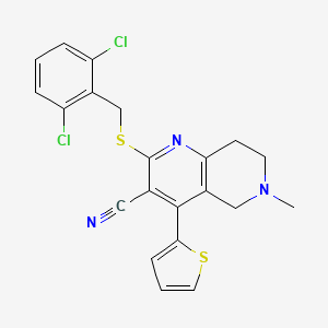 molecular formula C21H17Cl2N3S2 B2808627 2-{[(2,6-dichlorophenyl)methyl]sulfanyl}-6-methyl-4-(thiophen-2-yl)-5,6,7,8-tetrahydro-1,6-naphthyridine-3-carbonitrile CAS No. 354556-54-0