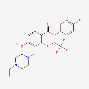 molecular formula C24H25F3N2O4 B2808638 8-[(4-Ethylpiperazin-1-yl)methyl]-7-hydroxy-3-(4-methoxyphenyl)-2-(trifluoromethyl)chromen-4-one CAS No. 845666-73-1