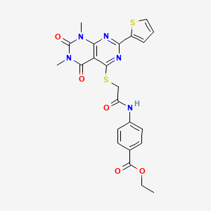 molecular formula C23H21N5O5S2 B2808675 Ethyl 4-(2-((6,8-dimethyl-5,7-dioxo-2-(thiophen-2-yl)-5,6,7,8-tetrahydropyrimido[4,5-d]pyrimidin-4-yl)thio)acetamido)benzoate CAS No. 847191-90-6