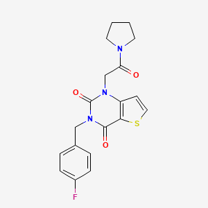 molecular formula C19H18FN3O3S B2808733 3-[(4-Fluorophenyl)methyl]-1-(2-oxo-2-pyrrolidin-1-ylethyl)thieno[3,2-d]pyrimidine-2,4-dione CAS No. 879138-61-1