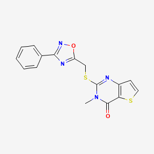 molecular formula C16H12N4O2S2 B2808802 3-methyl-2-(((3-phenyl-1,2,4-oxadiazol-5-yl)methyl)thio)thieno[3,2-d]pyrimidin-4(3H)-one CAS No. 930407-59-3