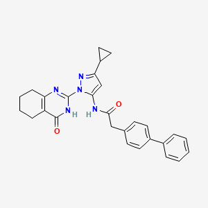 molecular formula C28H27N5O2 B2808820 2-([1,1'-biphenyl]-4-yl)-N-(3-cyclopropyl-1-(4-oxo-3,4,5,6,7,8-hexahydroquinazolin-2-yl)-1H-pyrazol-5-yl)acetamide CAS No. 1207044-94-7