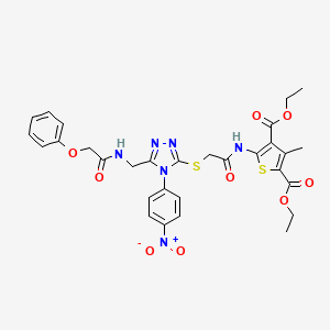 molecular formula C30H30N6O9S2 B2808843 Diethyl 3-methyl-5-[[2-[[4-(4-nitrophenyl)-5-[[(2-phenoxyacetyl)amino]methyl]-1,2,4-triazol-3-yl]sulfanyl]acetyl]amino]thiophene-2,4-dicarboxylate CAS No. 393804-81-4