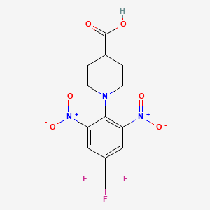 molecular formula C13H12F3N3O6 B2808962 1-[2,6-Dinitro-4-(trifluoromethyl)phenyl]-4-piperidinecarboxylic acid CAS No. 303144-43-6