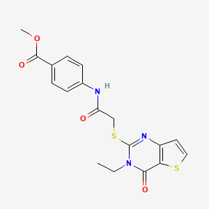 molecular formula C18H17N3O4S2 B2809202 Methyl 4-({[(3-ethyl-4-oxo-3,4-dihydrothieno[3,2-d]pyrimidin-2-yl)sulfanyl]acetyl}amino)benzoate CAS No. 1252901-03-3