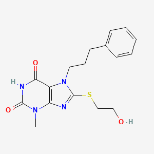molecular formula C17H20N4O3S B2809219 8-((2-hydroxyethyl)thio)-3-methyl-7-(3-phenylpropyl)-1H-purine-2,6(3H,7H)-dione CAS No. 330182-49-5