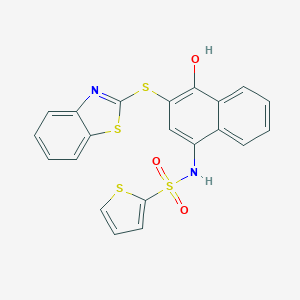 molecular formula C21H14N2O3S4 B280936 N-[3-(1,3-benzothiazol-2-ylsulfanyl)-4-hydroxynaphthalen-1-yl]thiophene-2-sulfonamide 