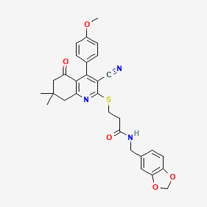 N-(1,3-benzodioxol-5-ylmethyl)-3-[[3-cyano-4-(4-methoxyphenyl)-7,7-dimethyl-5-oxo-6,8-dihydroquinolin-2-yl]sulfanyl]propanamide