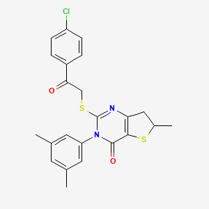 molecular formula C23H21ClN2O2S2 B2809445 2-{[2-(4-chlorophenyl)-2-oxoethyl]sulfanyl}-3-(3,5-dimethylphenyl)-6-methyl-3H,4H,6H,7H-thieno[3,2-d]pyrimidin-4-one CAS No. 851410-76-9