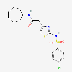 molecular formula C18H22ClN3O3S2 B2809485 2-(2-(4-chlorophenylsulfonamido)thiazol-4-yl)-N-cycloheptylacetamide CAS No. 921925-55-5