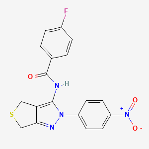 molecular formula C18H13FN4O3S B2809625 4-fluoro-N-[2-(4-nitrophenyl)-4,6-dihydrothieno[3,4-c]pyrazol-3-yl]benzamide CAS No. 396720-28-8