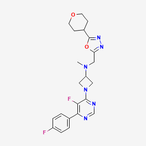 molecular formula C22H24F2N6O2 B2809912 1-[5-Fluoro-6-(4-fluorophenyl)pyrimidin-4-yl]-N-methyl-N-[[5-(oxan-4-yl)-1,3,4-oxadiazol-2-yl]methyl]azetidin-3-amine CAS No. 2380184-89-2