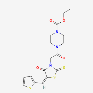 molecular formula C17H19N3O4S3 B2810061 (E)-乙酸4-(2-(4-氧代-5-(噻吩-2-基甲亚甙基)-2-硫代噻唑烷-3-基)乙酰)哌嗪-1-羧酸酯 CAS No. 682782-54-3