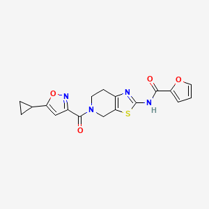 molecular formula C18H16N4O4S B2810236 N-(5-(5-cyclopropylisoxazole-3-carbonyl)-4,5,6,7-tetrahydrothiazolo[5,4-c]pyridin-2-yl)furan-2-carboxamide CAS No. 1351621-28-7