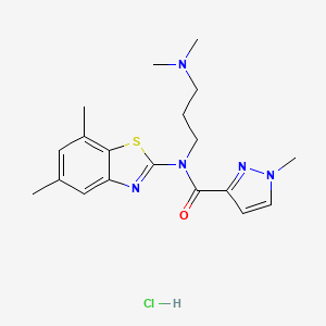 molecular formula C19H26ClN5OS B2810395 N-(3-(dimethylamino)propyl)-N-(5,7-dimethylbenzo[d]thiazol-2-yl)-1-methyl-1H-pyrazole-3-carboxamide hydrochloride CAS No. 1216766-94-7