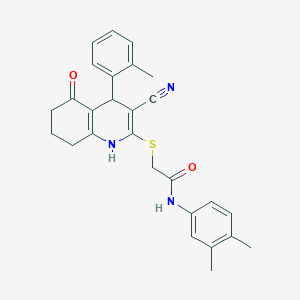 molecular formula C27H27N3O2S B2810446 2-{[3-cyano-4-(2-methylphenyl)-5-oxo-1,4,5,6,7,8-hexahydroquinolin-2-yl]sulfanyl}-N-(3,4-dimethylphenyl)acetamide CAS No. 370855-96-2