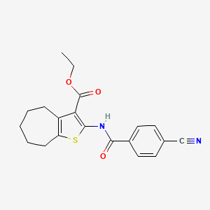 molecular formula C20H20N2O3S B2810486 ethyl 2-(4-cyanobenzamido)-5,6,7,8-tetrahydro-4H-cyclohepta[b]thiophene-3-carboxylate CAS No. 477504-75-9