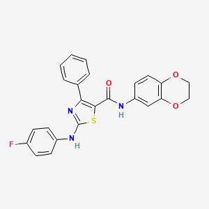 molecular formula C24H18FN3O3S B2810549 N-(2,3-dihydro-1,4-benzodioxin-6-yl)-2-[(4-fluorophenyl)amino]-4-phenyl-1,3-thiazole-5-carboxamide CAS No. 496025-06-0