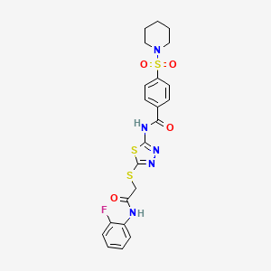 molecular formula C22H22FN5O4S3 B2810562 N-[5-({[(2-fluorophenyl)carbamoyl]methyl}sulfanyl)-1,3,4-thiadiazol-2-yl]-4-(piperidine-1-sulfonyl)benzamide CAS No. 392298-78-1