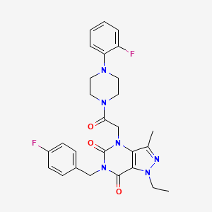 molecular formula C27H28F2N6O3 B2810641 1-ethyl-6-(4-fluorobenzyl)-4-(2-(4-(2-fluorophenyl)piperazin-1-yl)-2-oxoethyl)-3-methyl-1H-pyrazolo[4,3-d]pyrimidine-5,7(4H,6H)-dione CAS No. 1357763-17-7