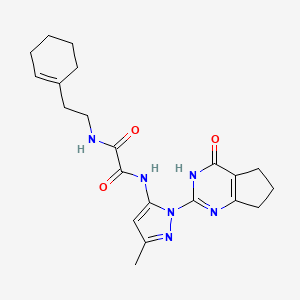molecular formula C21H26N6O3 B2810717 N1-(2-(cyclohex-1-en-1-yl)ethyl)-N2-(3-methyl-1-(4-oxo-4,5,6,7-tetrahydro-3H-cyclopenta[d]pyrimidin-2-yl)-1H-pyrazol-5-yl)oxalamide CAS No. 1014047-16-5