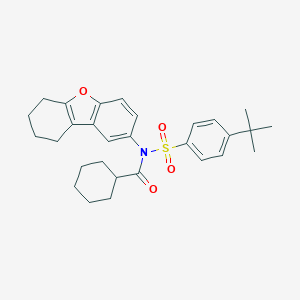 molecular formula C29H35NO4S B281072 N-{[4-(2-METHYL-2-PROPANYL)PHENYL]SULFONYL}-N-(6,7,8,9-TETRAHYDRODIBENZO[B,D]FURAN-2-YL)CYCLOHEXANECARBOXAMIDE 
