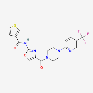molecular formula C19H16F3N5O3S B2810746 N-(4-(4-(5-(trifluoromethyl)pyridin-2-yl)piperazine-1-carbonyl)oxazol-2-yl)thiophene-3-carboxamide CAS No. 1396677-03-4