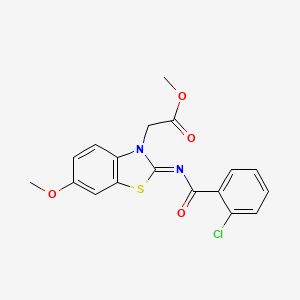 molecular formula C18H15ClN2O4S B2810787 Methyl 2-[2-(2-chlorobenzoyl)imino-6-methoxy-1,3-benzothiazol-3-yl]acetate CAS No. 865199-62-8