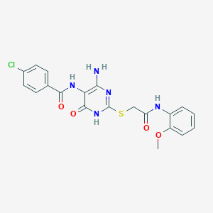 molecular formula C20H18ClN5O4S B2811133 N-(4-amino-2-((2-((2-methoxyphenyl)amino)-2-oxoethyl)thio)-6-oxo-1,6-dihydropyrimidin-5-yl)-4-chlorobenzamide CAS No. 888433-17-8