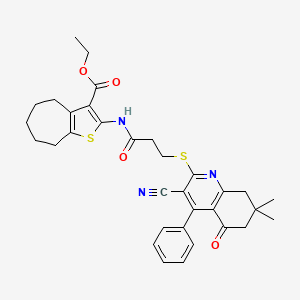 molecular formula C33H35N3O4S2 B2811654 ethyl 2-{3-[(3-cyano-7,7-dimethyl-5-oxo-4-phenyl-5,6,7,8-tetrahydroquinolin-2-yl)sulfanyl]propanamido}-4H,5H,6H,7H,8H-cyclohepta[b]thiophene-3-carboxylate CAS No. 670272-86-3