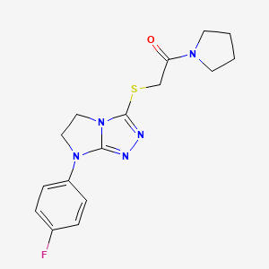 molecular formula C16H18FN5OS B2811737 2-((7-(4-fluorophenyl)-6,7-dihydro-5H-imidazo[2,1-c][1,2,4]triazol-3-yl)thio)-1-(pyrrolidin-1-yl)ethanone CAS No. 921881-68-7